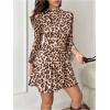 image:imageMakeMeChic Womens Mesh Leopard Print Mock Neck Bell Sleeve Mini Dress Lettuce Trim Short DressesBrown