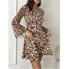 image:imageMakeMeChic Womens Mesh Leopard Print Mock Neck Bell Sleeve Mini Dress Lettuce Trim Short DressesBrown