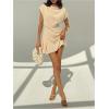 image:imageMakeMeChic Womens Mock Neck Mini Dress Asymmetrical Cap Short Sleeve Work Office DressesBeige