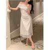 image:imageMakeMeChic Womens Off The Shoulder Midi Dress Short Sleeve Mesh Ruched Cocktail Formal DressesBeige