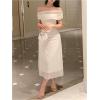 image:imageMakeMeChic Womens Off The Shoulder Midi Dress Short Sleeve Mesh Ruched Cocktail Formal DressesBeige