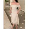 image:imageMakeMeChic Womens Off The Shoulder Midi Dress Short Sleeve Mesh Ruched Cocktail Formal DressesBeige