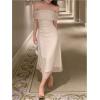 image:imageMakeMeChic Womens Off The Shoulder Midi Dress Short Sleeve Mesh Ruched Cocktail Formal DressesBeige