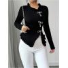 image:imageMakeMeChic Womens Rhinestone Bow Knot T Shirt Mock Neck Long Sleeve Ruffle Trim Tee TopBlack