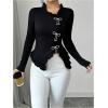 image:imageMakeMeChic Womens Rhinestone Bow Knot T Shirt Mock Neck Long Sleeve Ruffle Trim Tee TopBlack