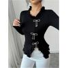 image:imageMakeMeChic Womens Rhinestone Bow Knot T Shirt Mock Neck Long Sleeve Ruffle Trim Tee TopBlack