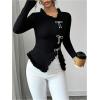 image:imageMakeMeChic Womens Rhinestone Bow Knot T Shirt Mock Neck Long Sleeve Ruffle Trim Tee TopBlack
