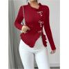 image:imageMakeMeChic Womens Rhinestone Bow Knot T Shirt Mock Neck Long Sleeve Ruffle Trim Tee TopRed
