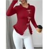 image:imageMakeMeChic Womens Rhinestone Bow Knot T Shirt Mock Neck Long Sleeve Ruffle Trim Tee TopRed