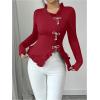 image:imageMakeMeChic Womens Rhinestone Bow Knot T Shirt Mock Neck Long Sleeve Ruffle Trim Tee TopRed