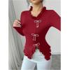 image:imageMakeMeChic Womens Rhinestone Bow Knot T Shirt Mock Neck Long Sleeve Ruffle Trim Tee TopRed