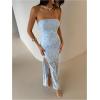 image:imageMakeMeChic Womens Strapless Tube Tops Dress Jacquard Ruched Split Bodycon Cocktail Maxi DressesBlue