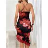 image:imageMakeMeChic Womens Wedding Guest Dresses Floral Sleeveless Ruched Bodycon Asymmetric Hem Midi DressBlack and Red