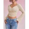 image:imageMakeMeChic Womens Wrap Front Ruched Tee Shirt Bell Sleeve Sweetheart Neck Rib Knitted Crop TopApricot