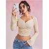 image:imageMakeMeChic Womens Wrap Front Ruched Tee Shirt Bell Sleeve Sweetheart Neck Rib Knitted Crop TopApricot