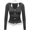image:imageMakeMeChic Womens Floral Lace Halter Tee Top Textured Long Sleeve Button Front T Shirt Dark Grey Medium