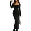 image:imageMakeMeChic Womens Maxi Dress Long Sleeve Square Neck Fitted Bodycon Casual Long Wedding Guest DressesBlack