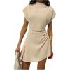 image:imageMakeMeChic Womens Mock Neck Mini Dress Asymmetrical Cap Short Sleeve Work Office DressesBeige