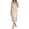 image:imageMakeMeChic Womens Off The Shoulder Midi Dress Short Sleeve Mesh Ruched Cocktail Formal DressesBeige