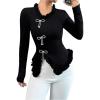 image:imageMakeMeChic Womens Rhinestone Bow Knot T Shirt Mock Neck Long Sleeve Ruffle Trim Tee TopBlack