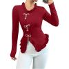 image:imageMakeMeChic Womens Rhinestone Bow Knot T Shirt Mock Neck Long Sleeve Ruffle Trim Tee TopRed