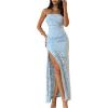 image:imageMakeMeChic Womens Strapless Tube Tops Dress Jacquard Ruched Split Bodycon Cocktail Maxi DressesBlue