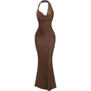image:imageMakeMeChic Womens Cowl Neck Maxi Dress Halter Backless Bodycon Cocktail Maxi DressesBrown