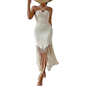 image:imageMakeMeChic Womens Criss Cross Halter Dress Backless Fringe Bodycon Beach DressesApricot