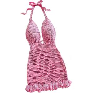image:imageMakeMeChic Womens Crochet Halter Dress Deep V Neck Tie Backless Hollow Out Bodycon Mini DressesPink