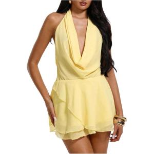 image:imageMakeMeChic Womens Draped Front Halter Dress Tie Open Back Tiered Ruffle Mini DressesYellow