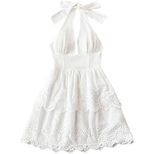 image:imageMakeMeChic Womens Eyelet Embroidery Halter Dress Backless Tiered Ruffle A Line Shirred Mini DressesWhite