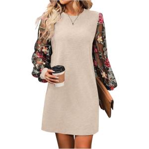 image:imageMakeMeChic Womens Fall Long Sleeve Floral Sheer Dress Wedding Guest Mesh Crew Neck Lace Black Mini DressesApricot