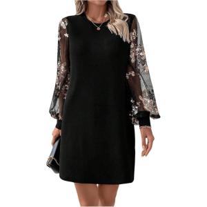 image:imageMakeMeChic Womens Fall Long Sleeve Floral Sheer Dress Wedding Guest Mesh Crew Neck Lace Black Mini DressesBlack