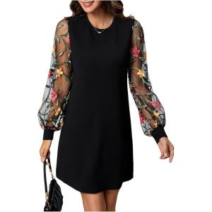image:imageMakeMeChic Womens Fall Long Sleeve Floral Sheer Dress Wedding Guest Mesh Crew Neck Lace Black Mini DressesBlack Multi