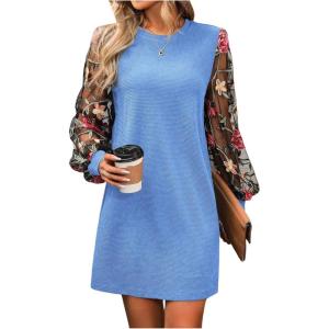 image:imageMakeMeChic Womens Fall Long Sleeve Floral Sheer Dress Wedding Guest Mesh Crew Neck Lace Black Mini DressesBlue