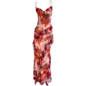 image:imageMakeMeChic Womens Floral Cowl Neck Cami Dress Backless Ruffle Bodycon Cocktail Maxi DressesMulticolor
