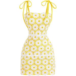 image:imageMakeMeChic Womens Floral Embroidery Tie Shoulder Cami Dress Bodycon Summer Mini DressesYellow