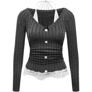image:imageMakeMeChic Womens Floral Lace Halter Tee Top Textured Long Sleeve Button Front T Shirt Dark Grey Medium