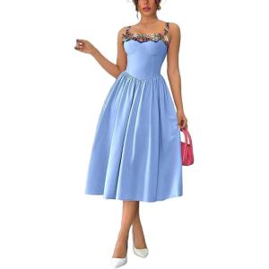 image:imageMakeMeChic Womens Floral Midi Dresses Embroidered Spaghetti Strap Boho Formal Wedding DressBlue