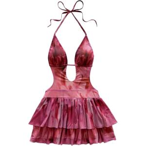 image:imageMakeMeChic Womens Halter Dresses Tie Dye Tiered Ruffle Backless Summer Beach Mini DressMulticolor