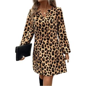 image:imageMakeMeChic Womens Leopard Print Dress Casual Cheetah Print Long Sleeve Shift DressBrown