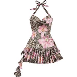 image:imageMakeMeChic Womens Leopard Print Floral Halter Dress Draped Tiered Ruffle Bodycon Y2k Mini Dresses Multicolor XSmall
