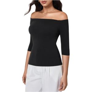 image:imageMakeMeChic Womens Off The Shoulder Tops Half Sleeve T Shirts Fitted Going Out Y2k Crop TopBlack