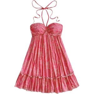 image:imageMakeMeChic Womens Paisley Print Halter Tie Back Sleeveless Ruched A Line Mini DressHot Pink