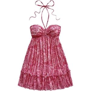 image:imageMakeMeChic Womens Paisley Print Halter Tie Back Sleeveless Ruched A Line Mini DressRed
