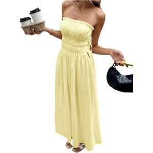 image:imageMakeMeChic Womens Ruched Strapless Tube Dress Drawstring Side Shirred Summer Maxi DressesYellow