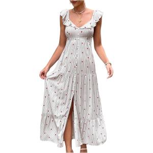 image:imageMakeMeChic Womens Summer Striped Heart Print Maxi Dress Ruffle Sleeve Button Down Shirred DressesMulticolor