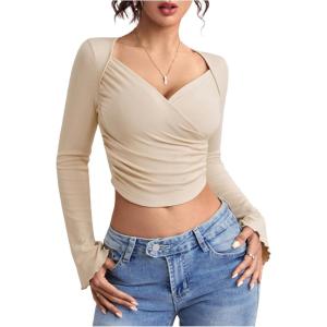 image:imageMakeMeChic Womens Wrap Front Ruched Tee Shirt Bell Sleeve Sweetheart Neck Rib Knitted Crop TopApricot