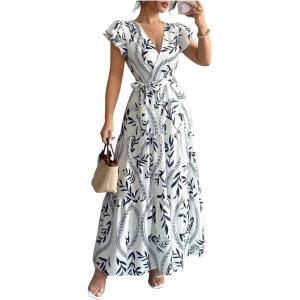 image:imageMakeMeChic Womens Wrap V Neck Maxi Dress Ruffle Cap Sleeve Shirred Flowy Summer Long DressesWhite and Black