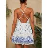image:imageMakeMeChic Womens Floral Print Sumer Mini Dress A Line Criss Cross Backless Boho Short DressesBlue and White